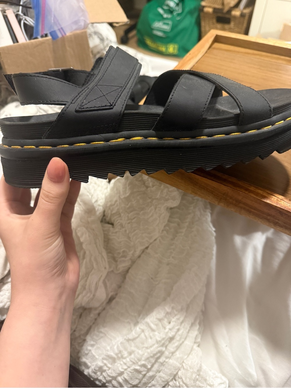 Dr. Martens Voss II Black Platform Sandals with Yellow Stitching - Air Wair - Picture 5 of 11